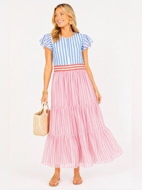 NEW Oliphant Nassau Pink V-Neck Maxi Dress Size XS Striped Coastal Summer.    15